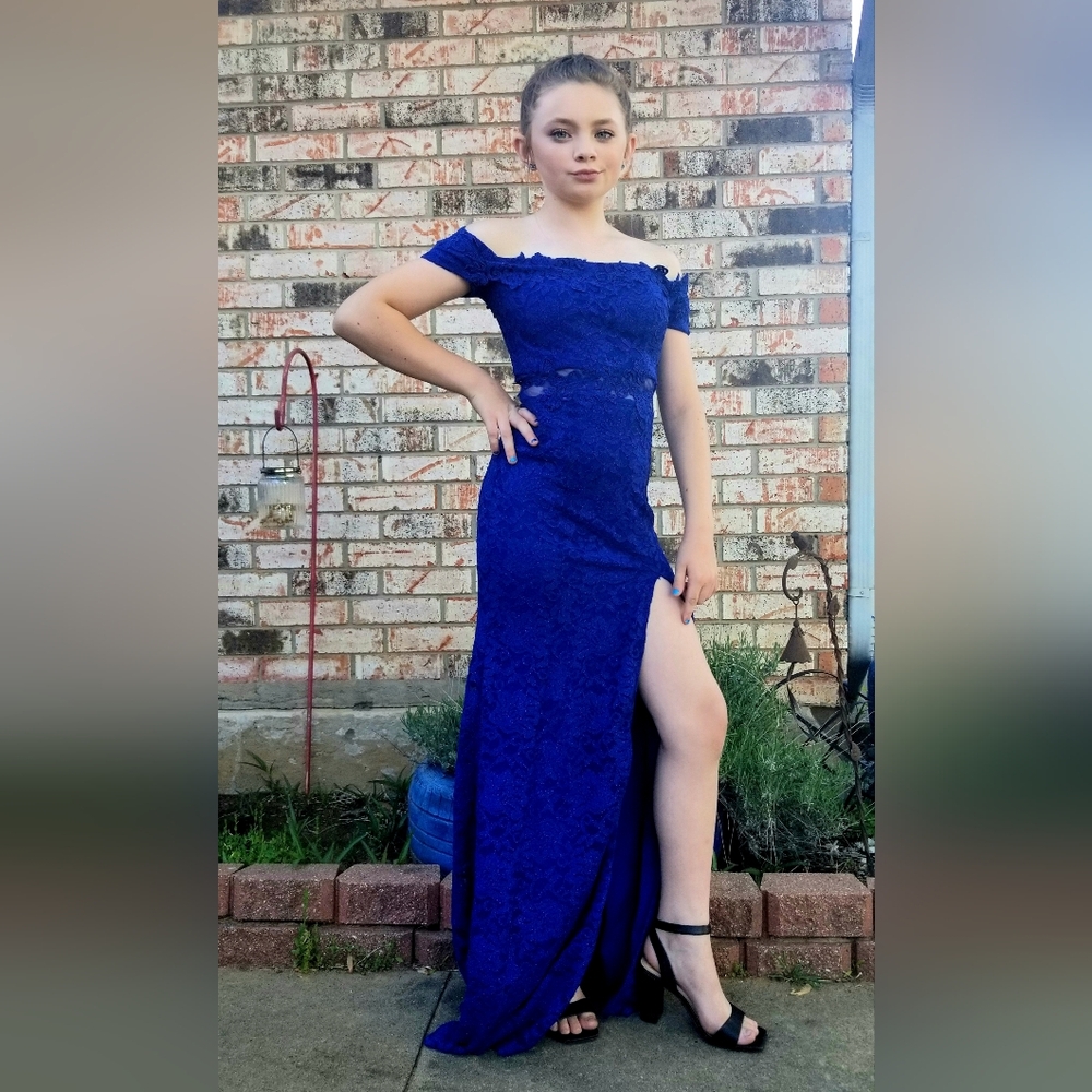 Sequin Hearts Blue Off-Shoulder Flutter Sleeve Gown - Picture 9 of 10